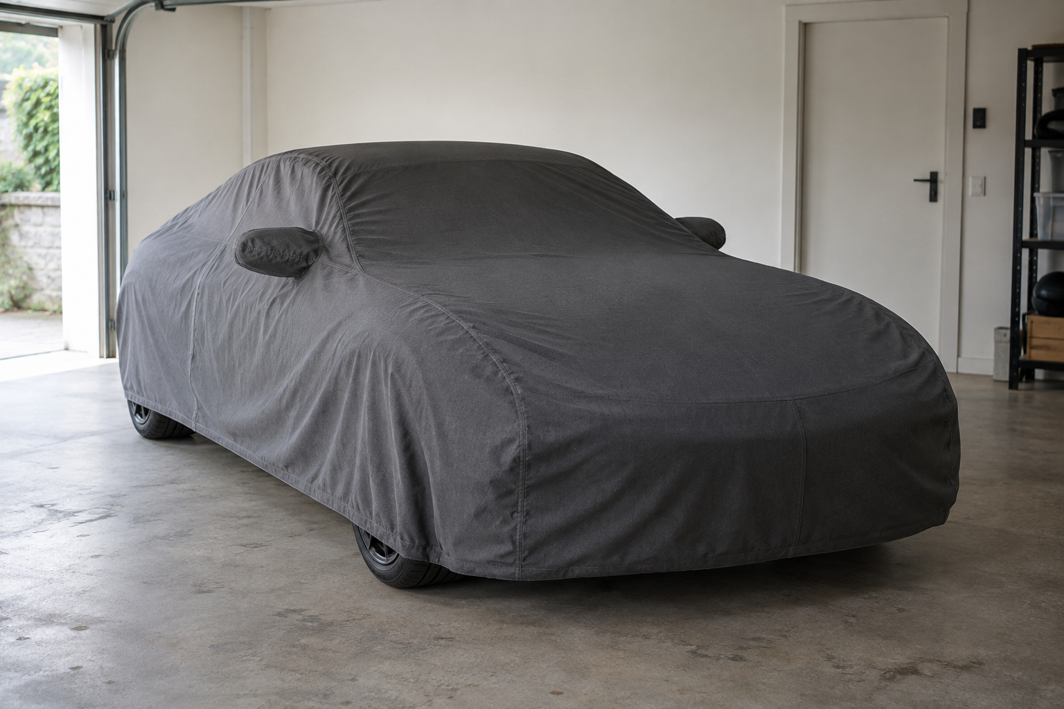 Concept di un telo grigio sagomato su un’auto, in un garage illuminato dalla luce naturale